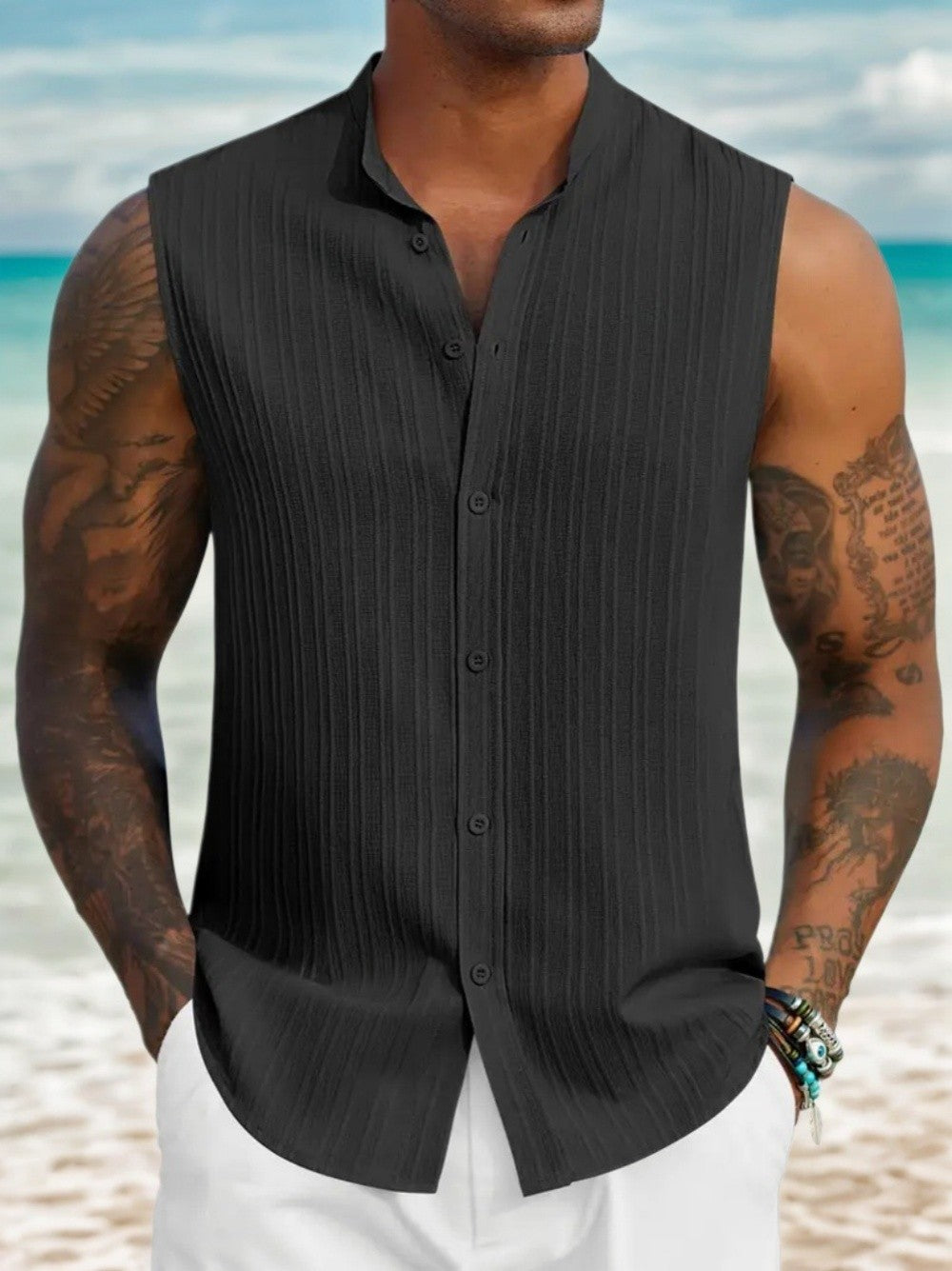 2025 New Summer Casual Fashion Henley Neck Sleeveless Shirt for European Men - Casual Beach Shirt for Leisure Use