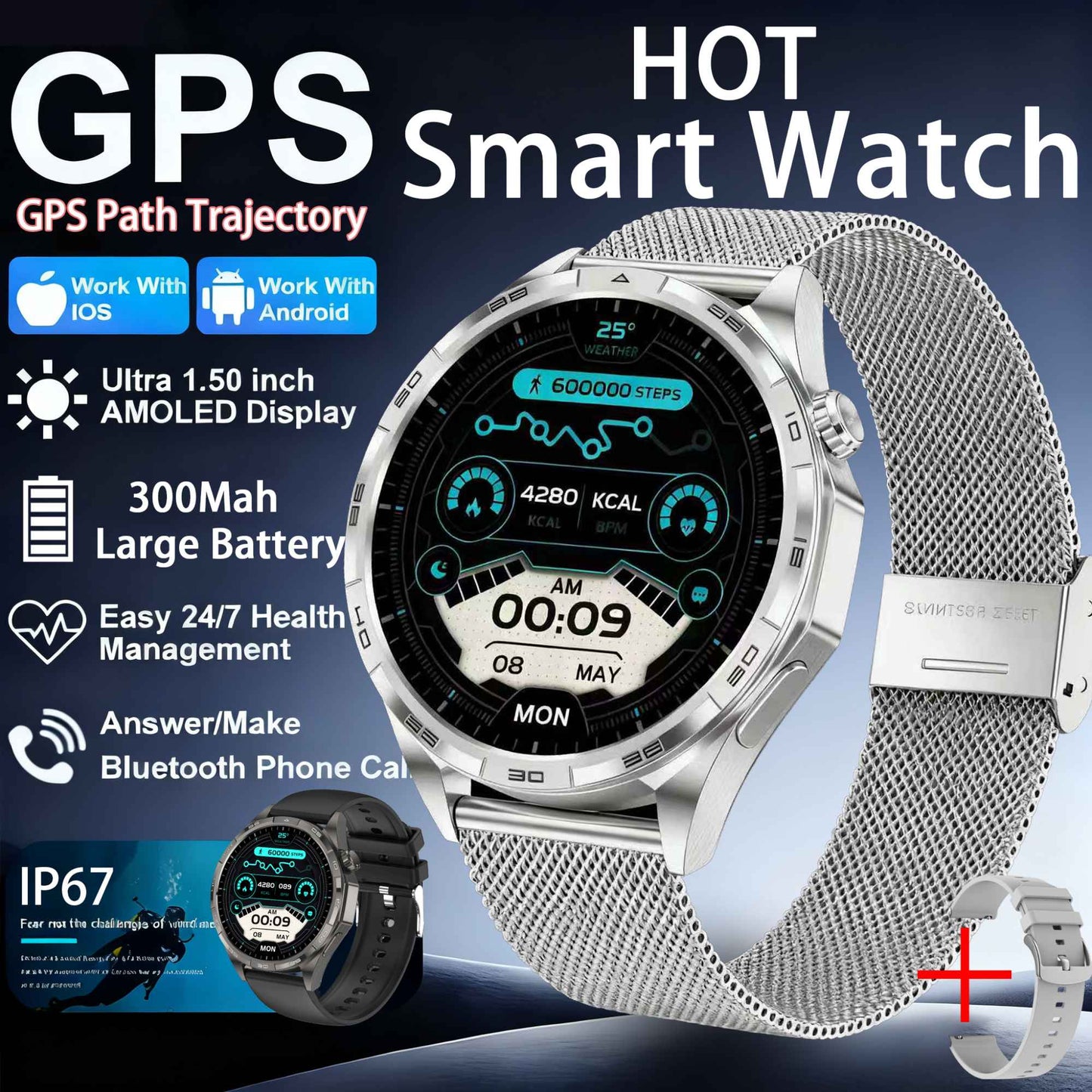 2026 Novo Smart Watch Masculino Relógio 6 AMOLED HD Tela Multi-Esporte Chamada Bluetooth GPS Trajetória Frequência Cardíaca Oxigênio no Sangue SmartWatches