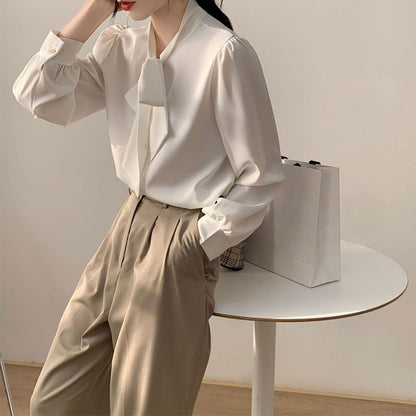 Bow Tie Chiffon Shirts Casual Long Sleeve White Blouse Women's Elegant Business Loose Blouses Ladies Spring and Autumn Chic Tops