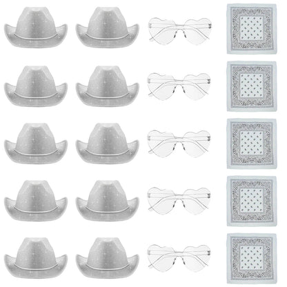 6-48Pcs Sparkly Cowboy Hat for Wedding Bachelorette Party Cowgirl Hats with Bandanas Heart Sunglasses Western Party Supplies