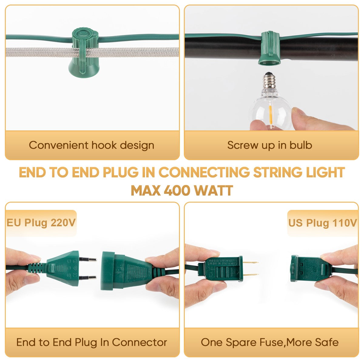 Outdoor Light Cable EU 220V US 110V String Light Wire E12 Sockets C7 Lamp Base Connectable Party Wedding Decor Street Garland