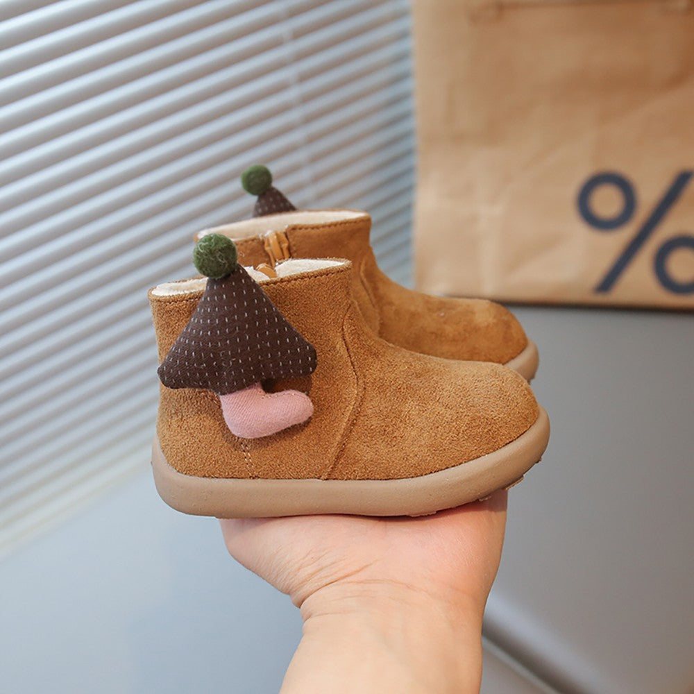 Christmas Children's Snow Boots PU Leather Vintage Girl's Plush Boots Anti-slippery Kid's Warm Padded Boots Cotton Shoes