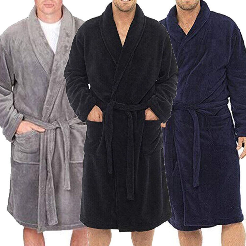 Casaul Men's Plush Shawl BathRobes with Sashes Men Soft Long Sleeve 2 Side Pockets Cloak Winter Solid Warm Dressing Gown M-XXL
