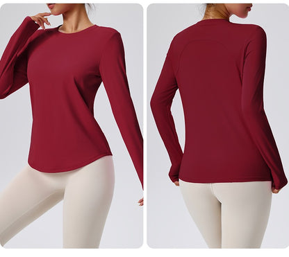 Naked Spring and Autumn Round Neck Fitness Yoga Clothing, Slimming and Slimming Base, Sports Top, Pilates Long Sleeve, Female
