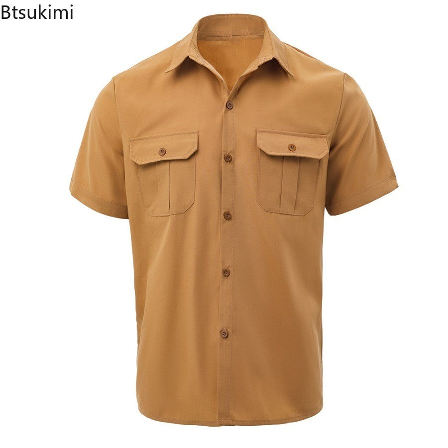 New 2025 Men's Summer Short Sleeve Solid Safari Shirt Loose Casual Cargo Shirt Double Pocket Lapel Button-up Men Work Shirt Tops