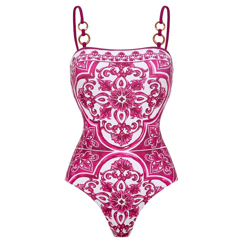 Flaxmaker Classic Women Sexy Bikini Sets Long Sleeves Majolica Series Pattern Print One Piece Swimsuit Skirt Biquini Beachwear