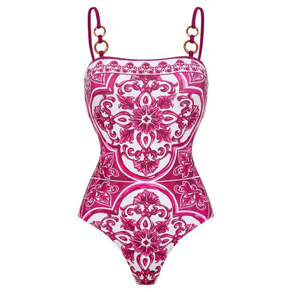 Flaxmaker Classic Women Sexy Bikini Sets Long Sleeves Majolica Series Pattern Print One Piece Swimsuit Skirt Biquini Beachwear