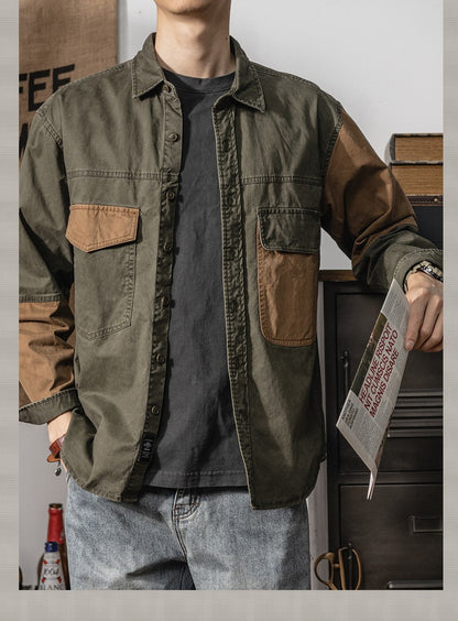 Spring and autumn new American vintage khaki loose long-sleeved shirt Japanese casual cargo shirt men's patchwork trend top