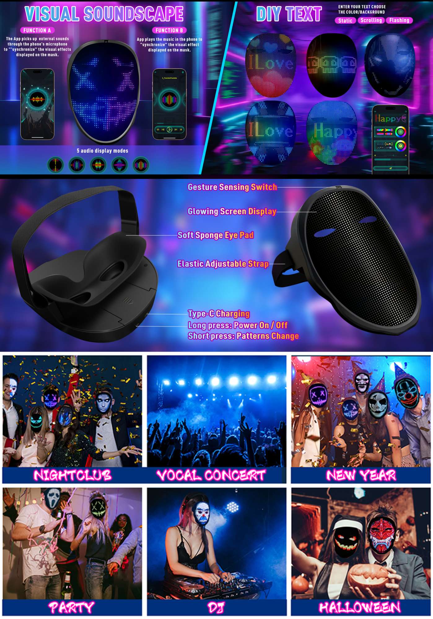 Led Mask with Gesture Sensing,Bluetooth APP Control Programmable Smart Display Face Transforming Light Up Halloween Mask