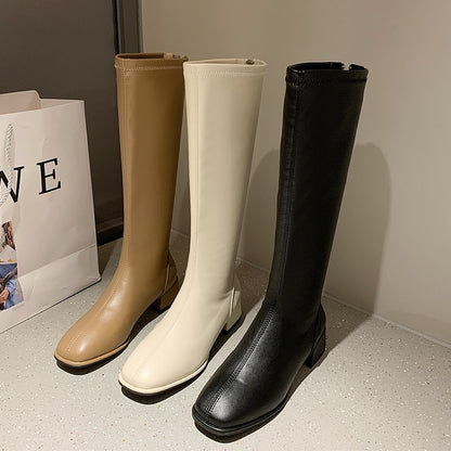 Women Black High Heel Long Boots Fashion Spring Autumn Warm Knee High Boots Soft Leather Thigh High Boots Shoes Zipper