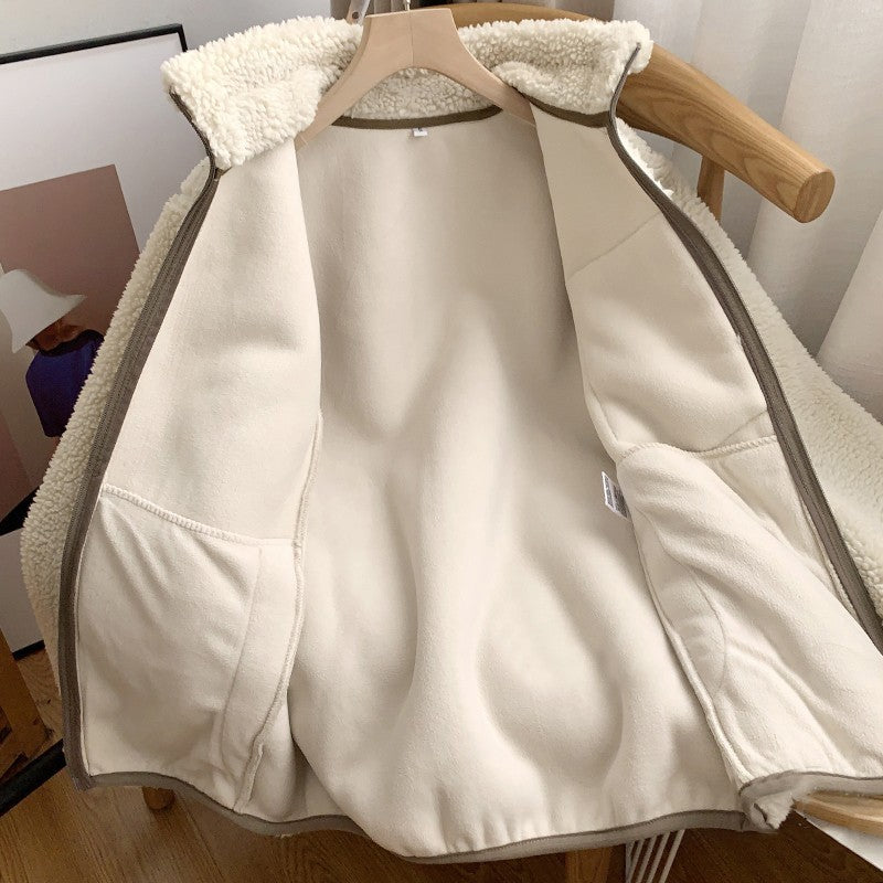 Autumn and Winter Japanese Men's and Women's Fleece Stand Neck Jacket Couple Zipper Loose Warm Lamb Wool Coat Solid Color Jacket