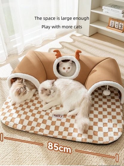 Cama de Gato de Pelúcia Quente de Inverno com Aparência de Rena Esconderijo Túnel para Gatos Brincar e Dormir Casa Integrada para Gatos Ninho para Animais de Estimação