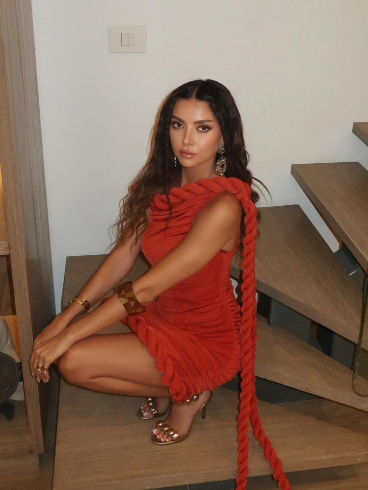 New Sexy One Shoulder Patchwork Twist Knot Draped Mini Dress Women Diagonal Collar Ruched Bodycon Dresses Evening Party Cocktail