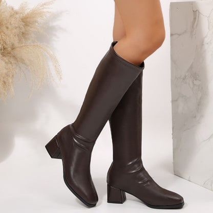 Winter Women Knee High Boots Cosy Soft Leather Thick Heel Shoes Female Vintage Slim Long Booties Zapatos De Muje