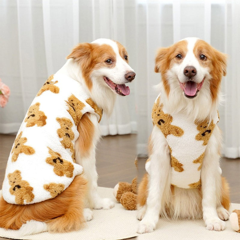 3GG-8GG Outono/Inverno Pelúcia Padrão de Urso Fofo Suéter para Cães Grandes Casaco de Lã Quente com Capuz Colete Suéter para Animais de Estimação Roupas para Animais de Estimação