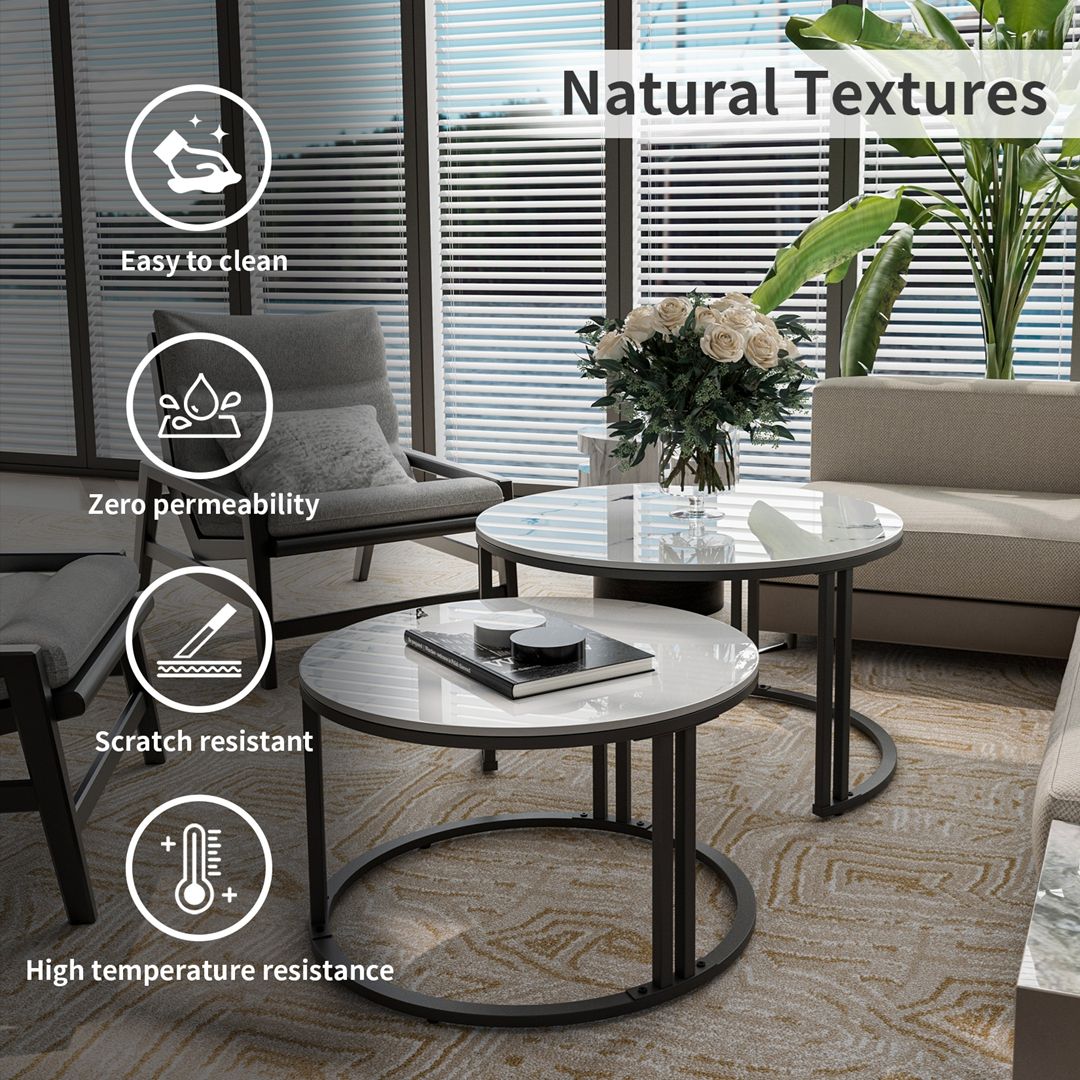 Nested Coffee Table: Set of 2 Modern Round Nesting Coffee Table Sintered Stone-top Stacking Sofa Accent Table for Living Room