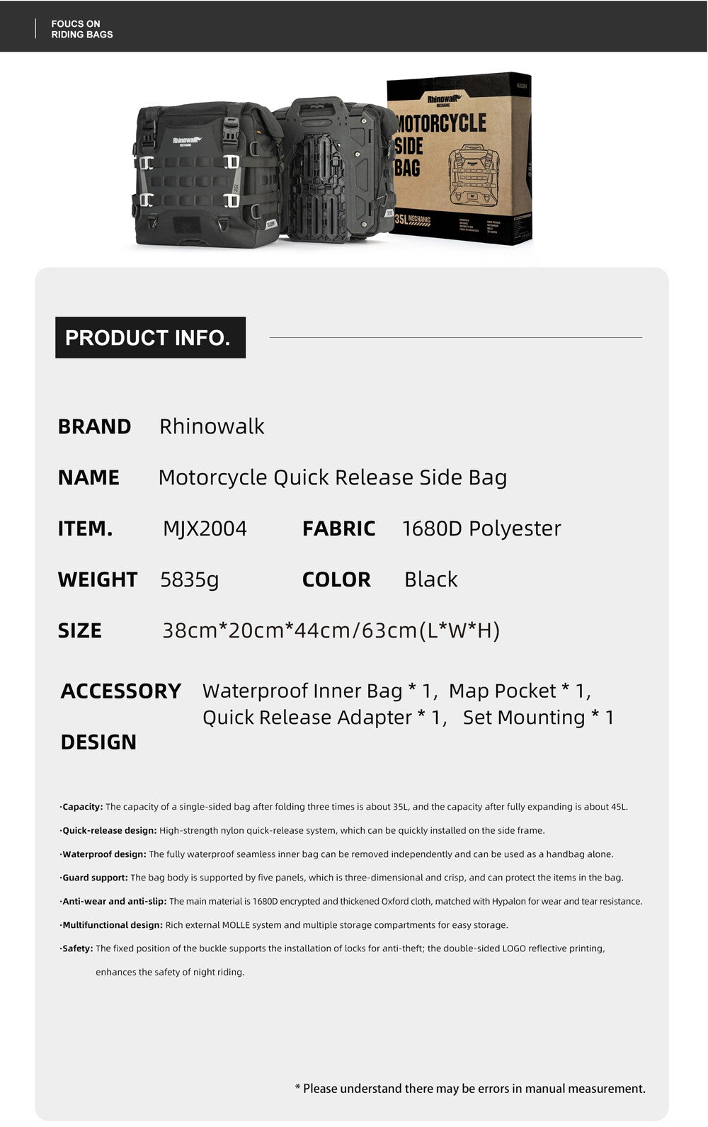 Rhinowalk Motorcycle Side Bag Quick Release Waterproof 35L Anti-Theft With Lock Hole For BMW R1300GS  R1250GS R1200GS S1000XR