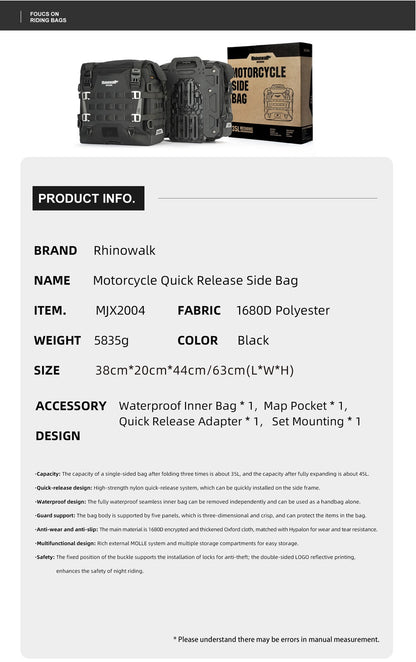 Rhinowalk Motorcycle Side Bag Quick Release Waterproof 35L Anti-Theft With Lock Hole For BMW R1300GS  R1250GS R1200GS S1000XR