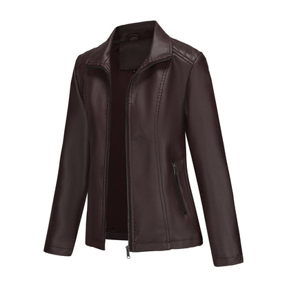 2025 Women’s Stylish Brown Faux Leather Jacket - Slim Fit, Trendy Moto Style with Zipper Detail PU Coat.