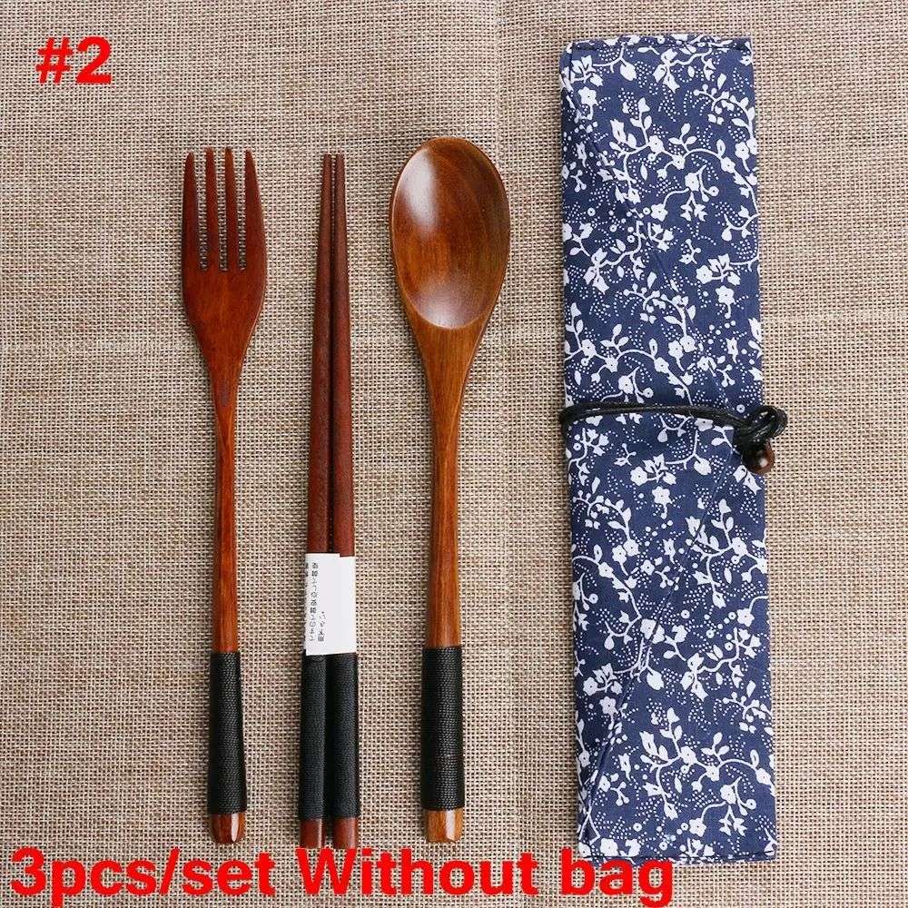 Spoon Fork Chopsticks Portable Tableware Wooden Cutlery Sets Travel Dinnerware Suit Environmental with Cloth Pack Gift