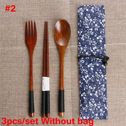 Spoon Fork Chopsticks Portable Tableware Wooden Cutlery Sets Travel Dinnerware Suit Environmental with Cloth Pack Gift