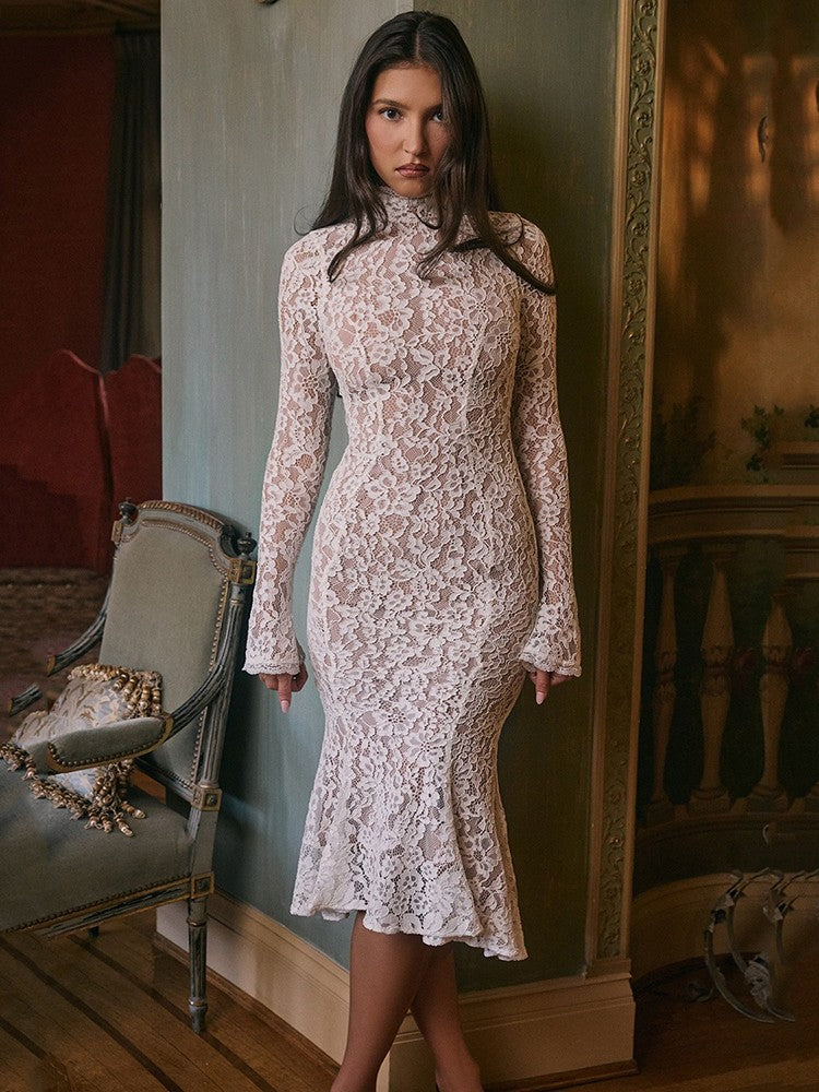 Mozision Lace Long Sleeve Sexy Midi Dress For Women Elegant White Half High Coll