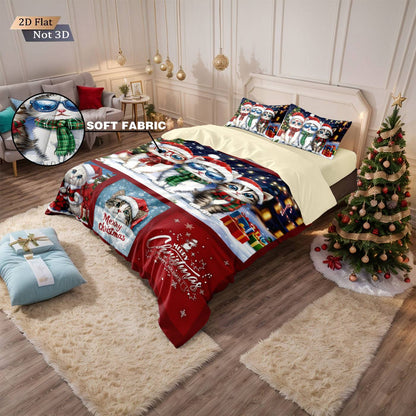 3pcs Merry Christmas Cat Printed Chipless Bedding Set Soft Dormitory Bedroom Multiple Sizes Machine Washable
