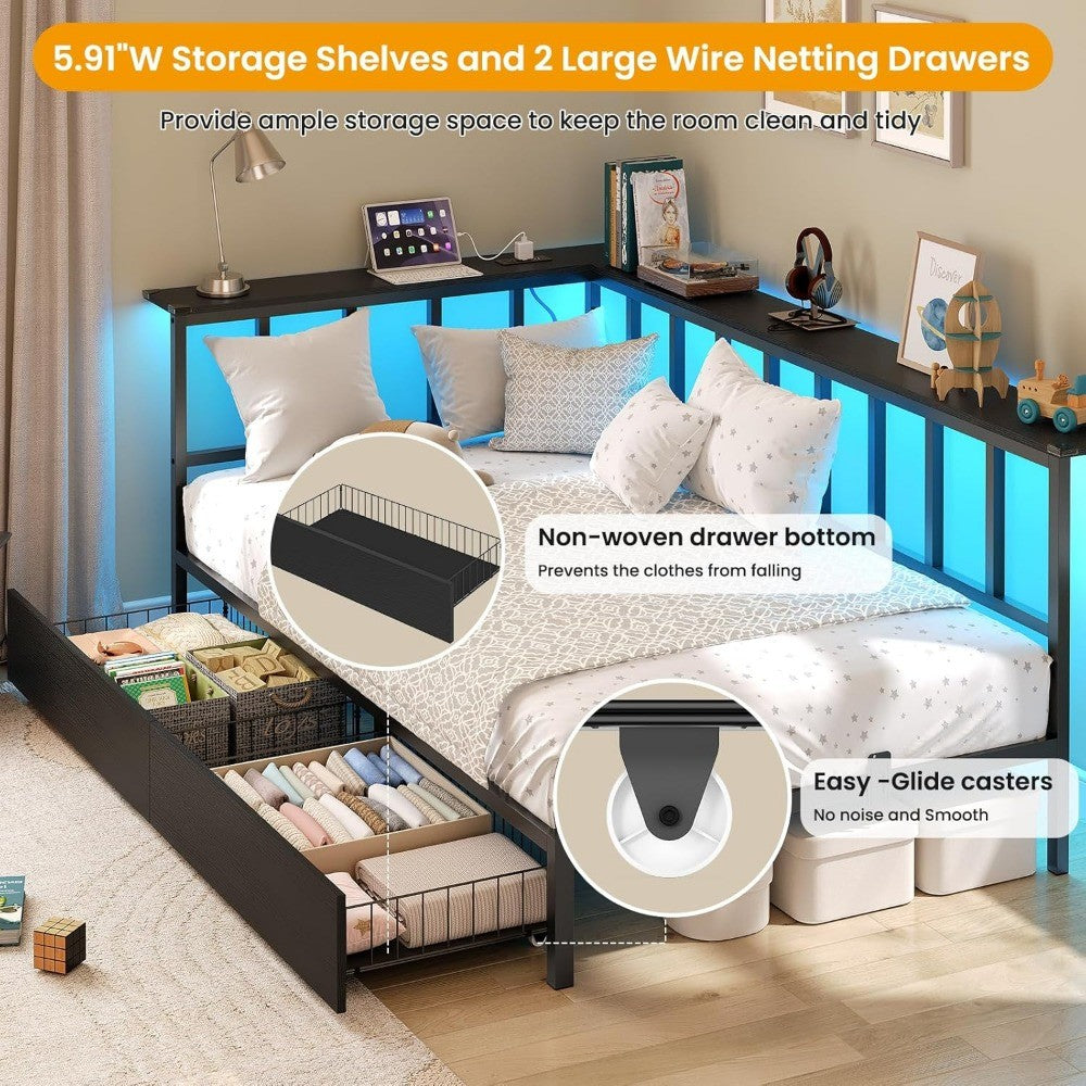 Corner Twin Bed Frame with 2 Storage Drawers and Charging Station,Metal Twin Size Platform Bed Frame with Storage Shelves
