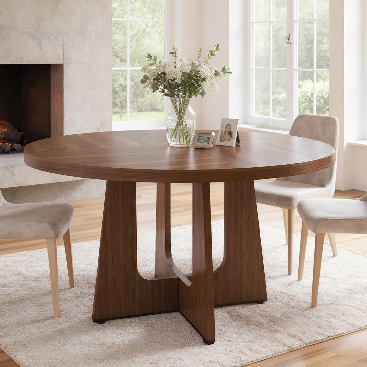 47" Round Dining Table for 4-6, Farmhouse Wood Circular Kitchen Tables, Dark Brown Retro Circle Dinner Table Easy Assembly