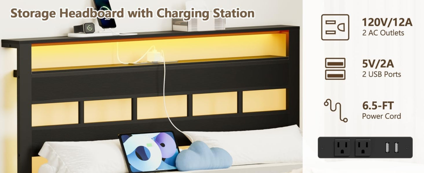 Sleek Full Size Bed Frame with Glowing LED Lights & USB Charging Station | Modern Storage Headboard