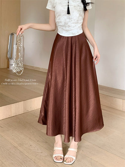 Plus Size Satin Half-Body Skirt Female 2026 Spring New Korean Fashion Temperament Elegant Solid Casual A-line Skirts