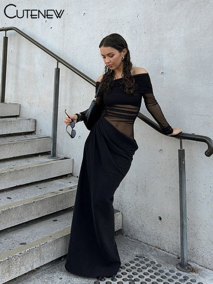Cutenew Mesh Ruched Women Maxi Dress Sexy See Through Off Shoulder Long Sleeve S