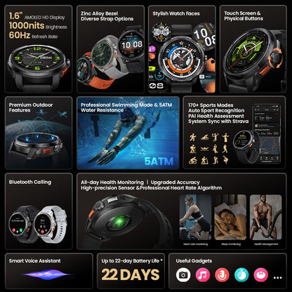 Smartwatch GPS HAYLOU Solar Ultra, Tela AMOLED de 1,6", 5ATM à prova d'água, GPS integrado, Chamadas telefônicas Bluetooth, Relógio inteligente esportivo