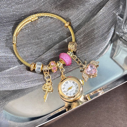 Cross-border Gold Bracelet Watch Adjustable opening Alloy bracelet Quartz Watch Beaded Small flower bracelet Watch
