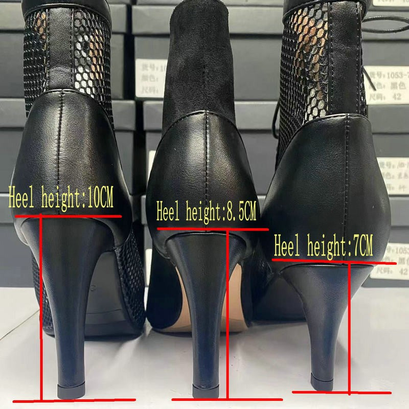 Novas Sandálias Femininas de Salto Alto Sexy Vazadas em Tela Tendência da Moda Verão Conforto Peep Toe Botas Stilettos Jazz Dance Tamanhos Grandes
