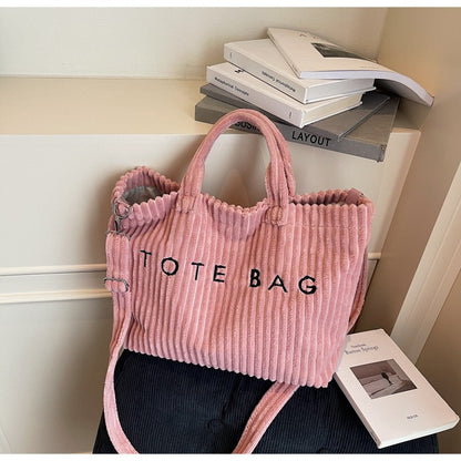 Large Capacity Striped Velvet Handbag Shoulder Bag for Woman Handbags Crossbody Bags, Versatile Letter Corduroy Women's Tote Bag