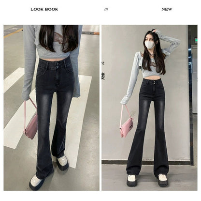 High Waist Fce Lined Thiened Autumn Winter American Bla ey Micro Flared Jeans Women Slimming Legging  Hoof Pants