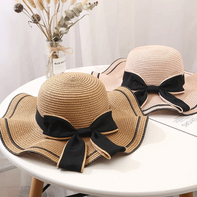 Beach HatJapanese Everything Hairy Edge Straw Hat Female Summer dome  Top Outing Sun Hat Small Fresh Bow Sun Shade Beach Hat