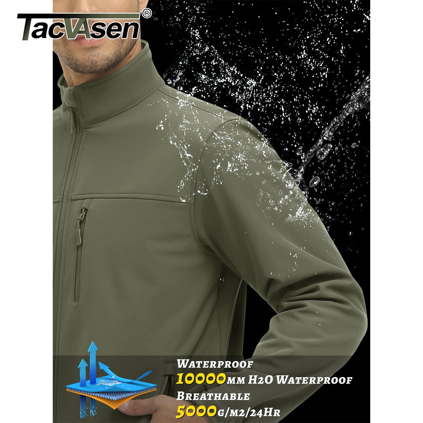 TACVASEN Waterproof Fleece Lining Windbreaker Mens Winter Work Jackets Zipper Pocket Casual Coats Full Zip Outwear Tops
