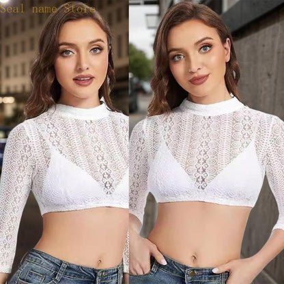 R7UD Bavarian 3/4 Sleeve Mock Neck Dirndl Blouse White Lace Oktoberfest Top for Women