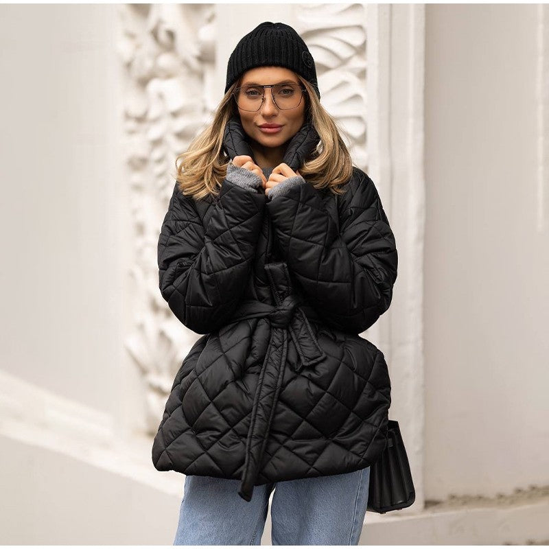 Solid Lapel Lace Up Cotton Coat Women Fashion Long Sleeve Warm Loose Pocket Short Coats Lady New Winter Commute Street Outwears