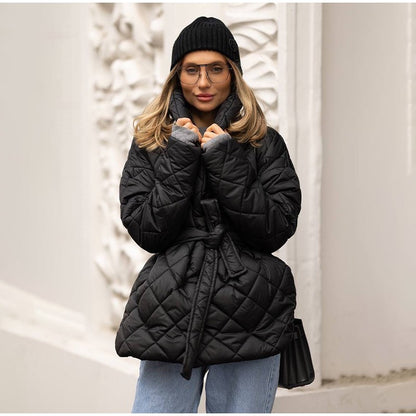 Solid Lapel Lace Up Cotton Coat Women Fashion Long Sleeve Warm Loose Pocket Short Coats Lady New Winter Commute Street Outwears