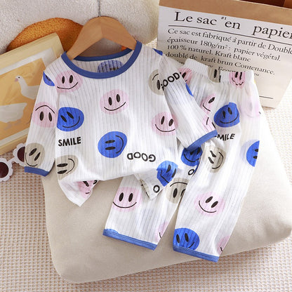 Children's Pure Cotton Home Clothes Set Boys Girls Seven-quarter Sleeve Pajamas Thin Breathable Air-conditioned Clothes