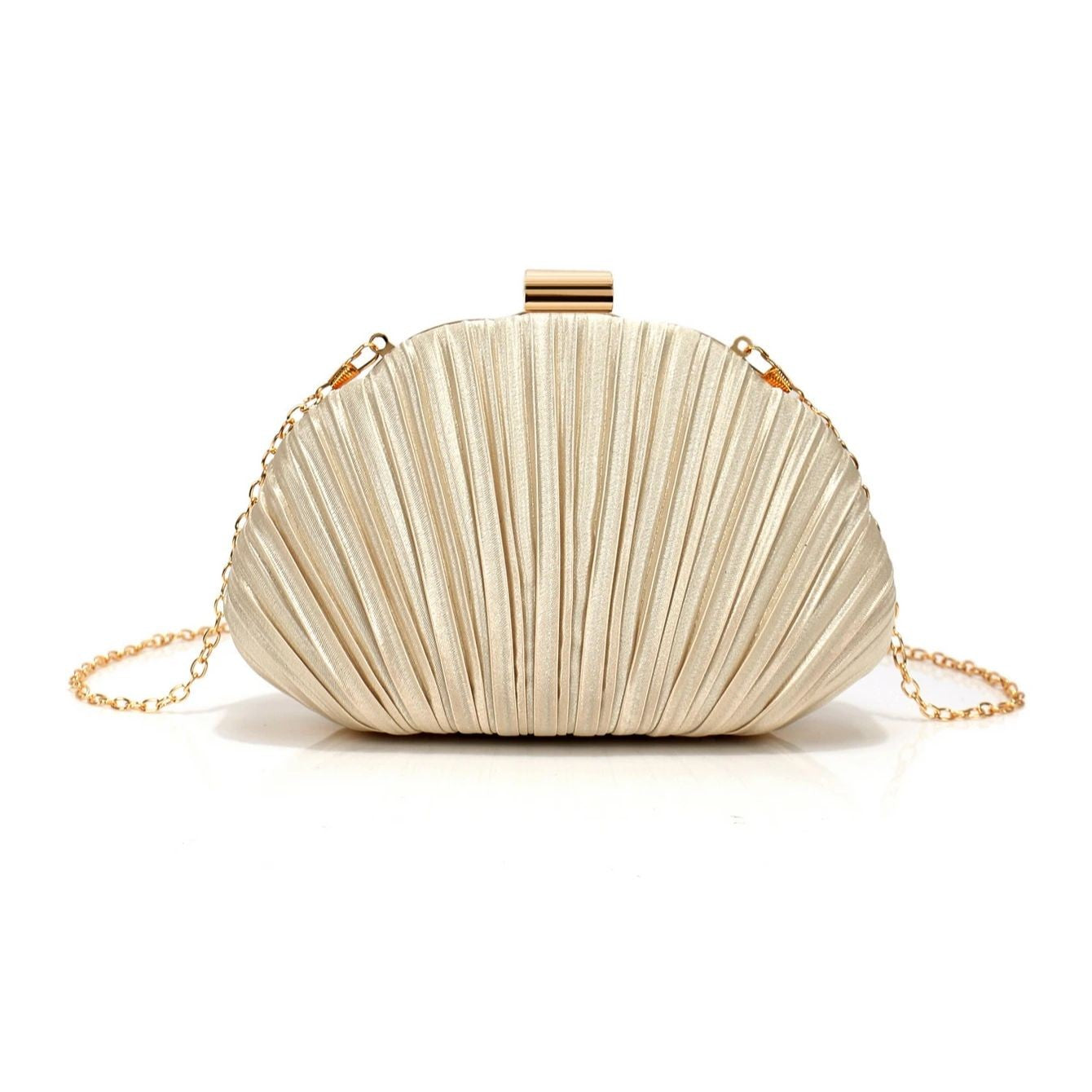 Shell Design Ruched Women Evening Bags Apricot Color Glitter Satin Luxury Party Dress Clutch Bags With Shoulder Chain Messenger