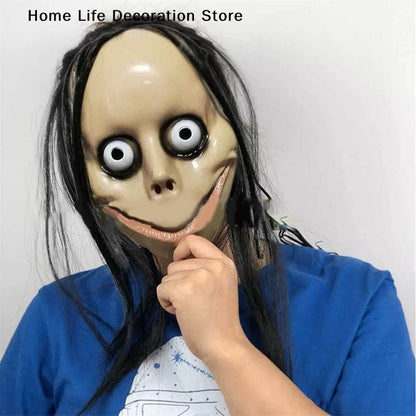 Halloween MO MO Mask With Long Hair Big Eyes Funny Mask Horror Ghost Party Costume Props V-shaped Mouth Mask Halloween Cosplay