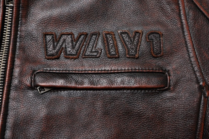 Fashionable Men's Motor Jacket Genuine Cow Leather Coat Male Outerwear Windbreaker Spring Autumn Cloth with Epaulet Brown