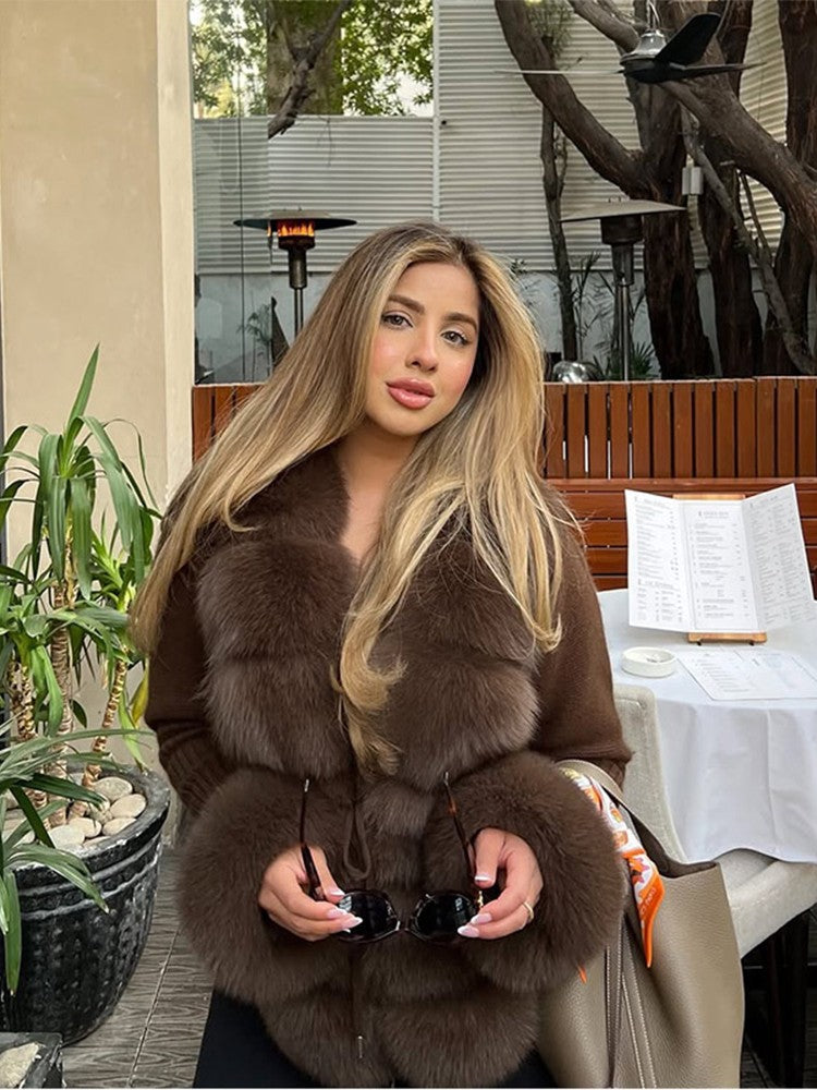 Elegant Knitted Faux Fur Patchwork Women's Coat Thicken Lady Coats 2025 Autumn Winter Chic Female Street Warm Outerwears