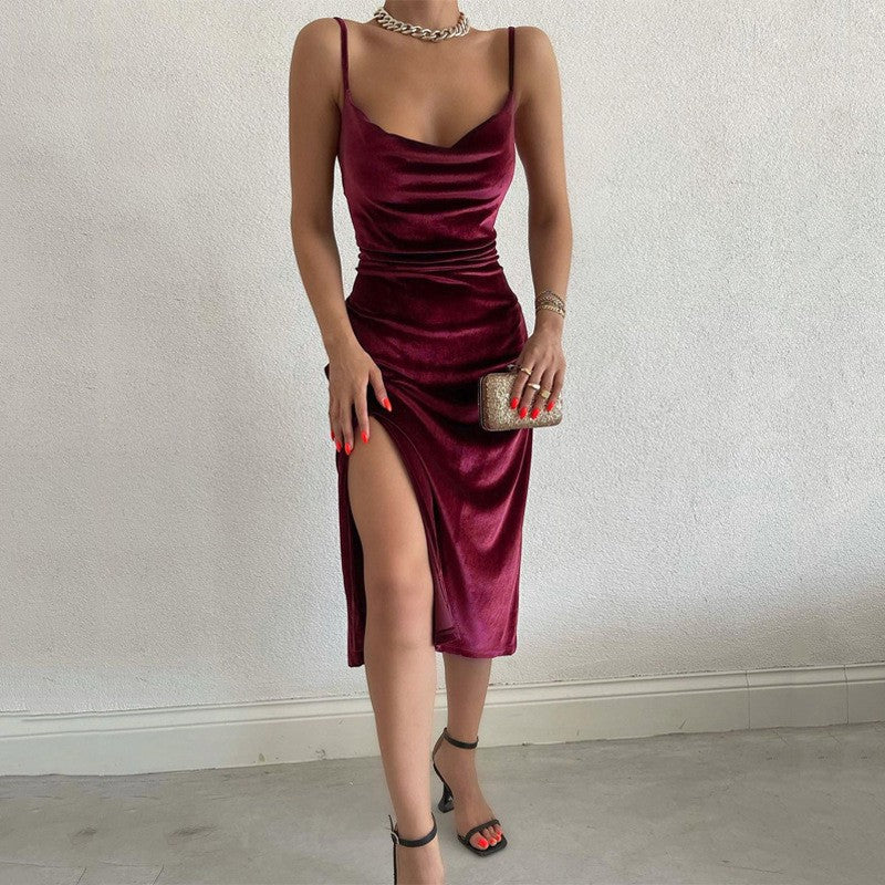 Velvet Swing Collar Sleeveless Slip Sexy Slit Maxi Dress 2024 New Fashion Evening Party Women Elegant Streetwear Y2K