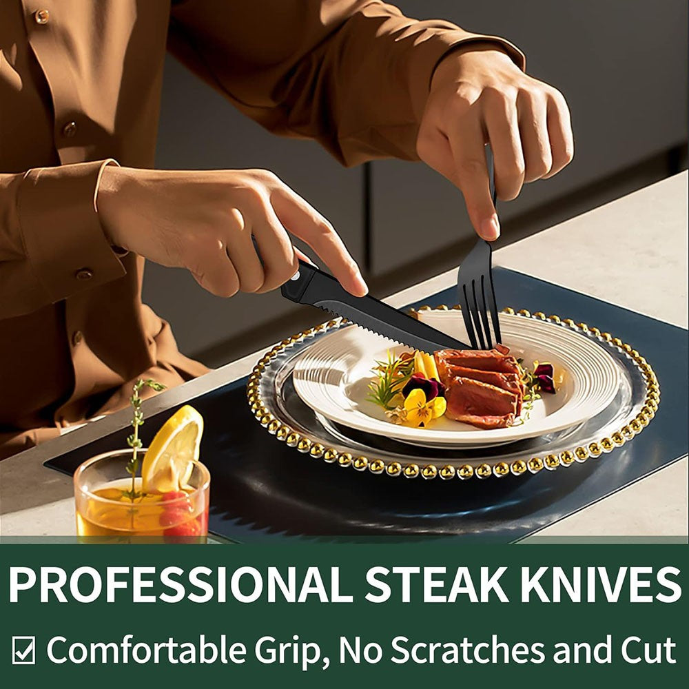 Conjunto de Talheres Pretos com Facas de Carne, Conjunto de Talheres para 4 Pessoas, Louça de Grau Alimentício, Conjunto de Talheres, Conjunto de Utensílios com Acabamento Espelhado