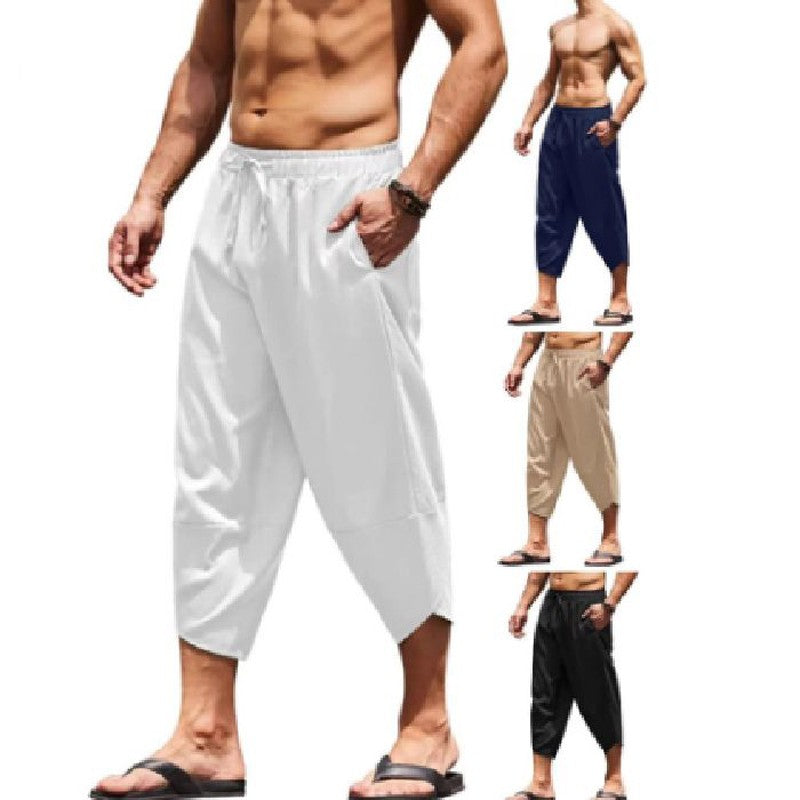 Calças Capri Masculinas de Verão Cor Sólida Shorts Harem Masculinos com Elástico na Cintura Cordão Calças Cropped 3/4 Folgadas
